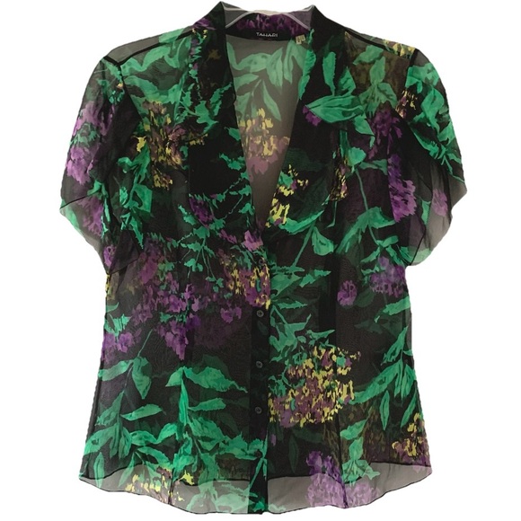 Tahari Short Sleeve Button Down Sheer Silk Blouse Sz L - Picture 1 of 10